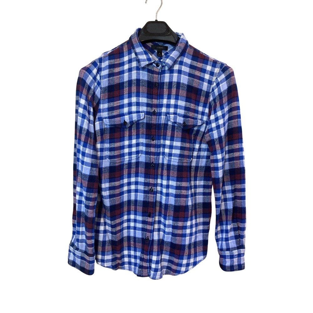 J.Crew Womens 8 Blue Plaid Flannel Button Down Shirt Cotton‎ Lightweight